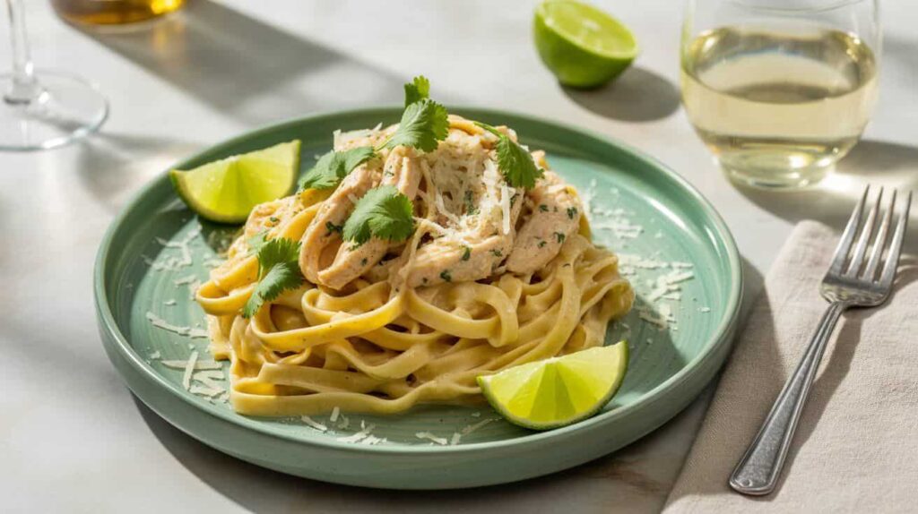 Final serving of CPK chicken tequila fettuccine with creamy tequila-lime sauce and fresh garnish.