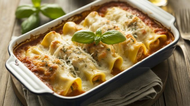 chicken cannelloni with golden melted cheese and basil garnish, just out of the oven.”