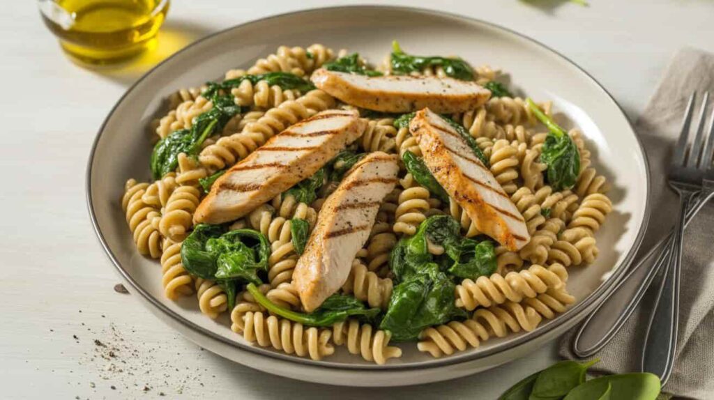Healthy version of chicken and rotini pasta with spinach and whole-grain pasta