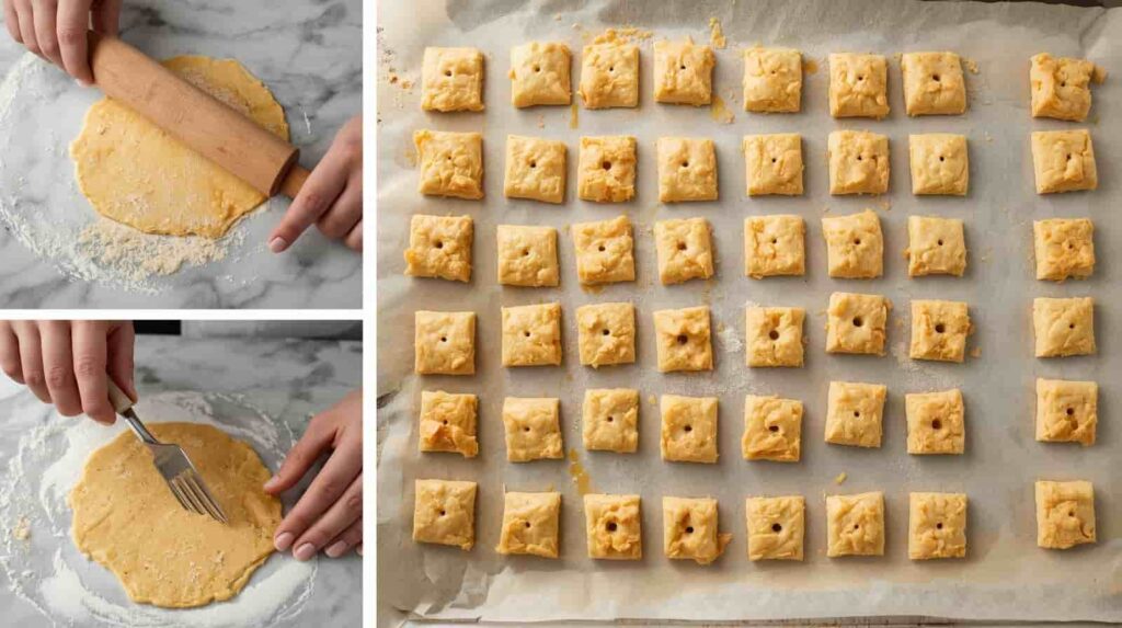 "Rolling, cutting, and pricking dough before baking — step-by-step cooking process of homemade chicken biscuit crackers."