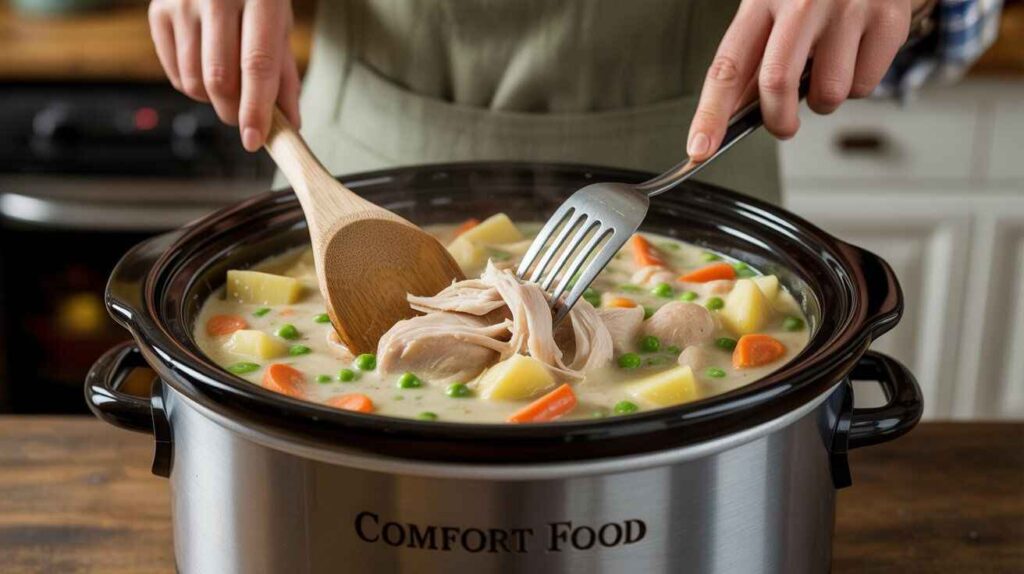 “Step-by-step process showing creamy chicken pot pie mixture cooking in crock pot and chicken being shredded.”