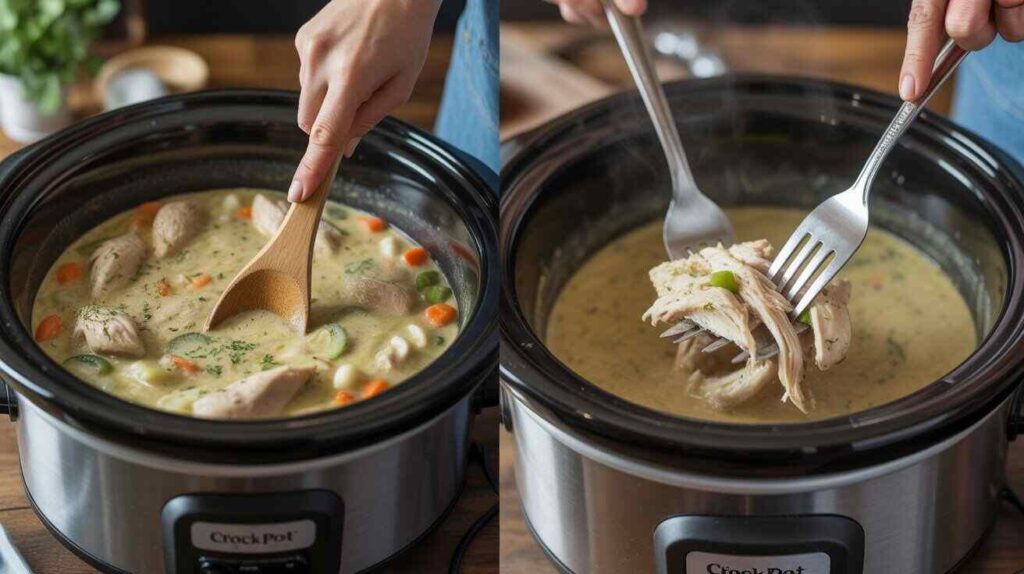 “Step-by-step process showing creamy chicken pot pie mixture cooking in crock pot and chicken being shredded.”