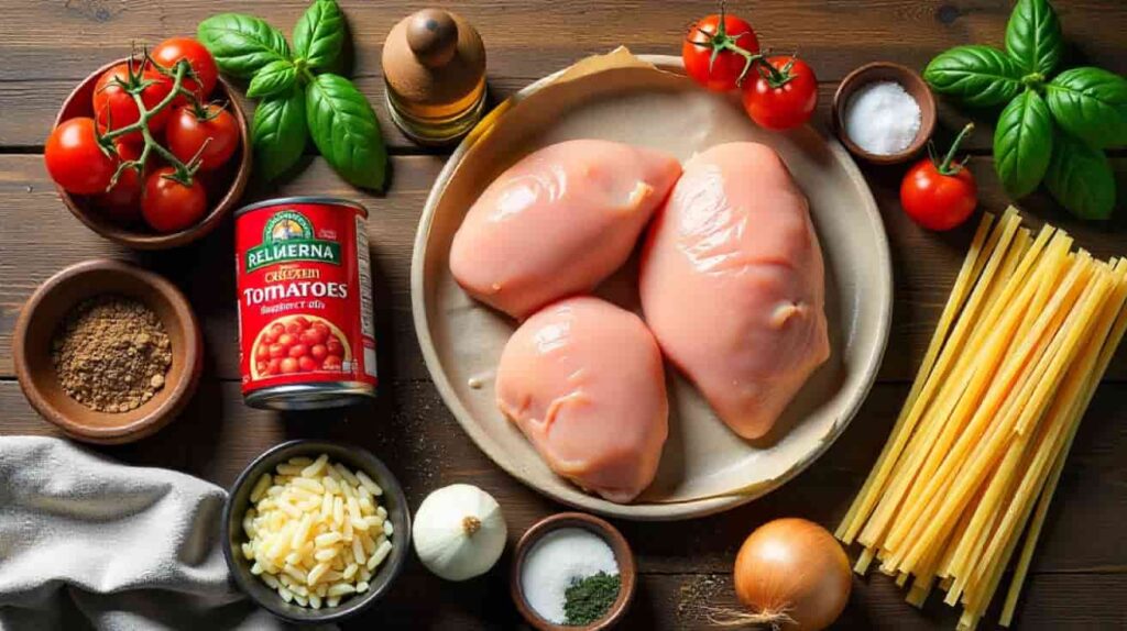 Fresh ingredients for chicken marinara pasta including chicken, tomatoes, pasta, basil, and garlic arranged on a rustic table.