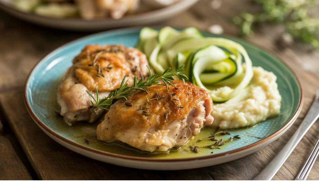 “Juicy keto chicken thigh recipe with crispy golden skin, served with cauliflower mash and zucchini noodles on a rustic plate.”