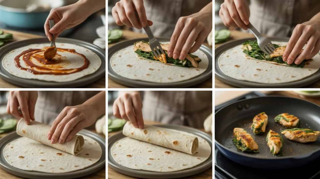 “Step-by-step process of making chicken spinach wraps from filling to rolling and grilling.”