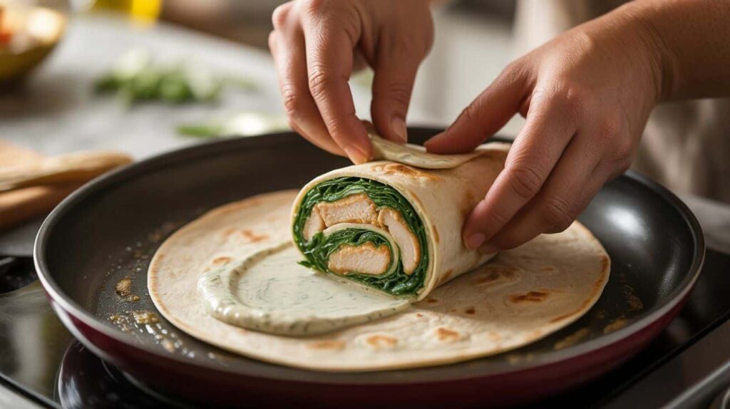 “Step-by-step process of making chicken spinach wraps from filling to rolling and grilling.”