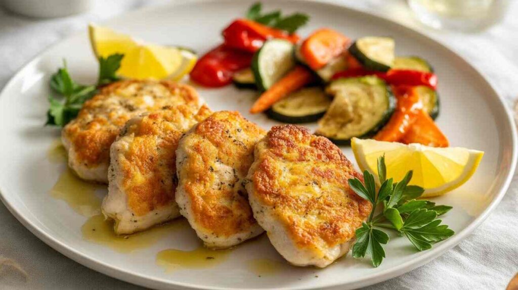 “Golden, crispy chicken cutlets on a white plate, garnished with fresh parsley and lemon wedges. Side of roasted vegetables.”