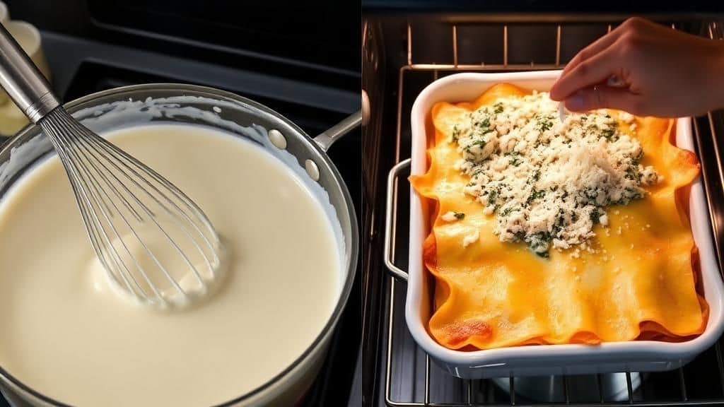 “Golden, bubbly chicken and spinach lasagna baking in the oven with melted cheese on top.”