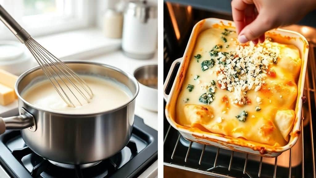 “Golden, bubbly chicken and spinach lasagna baking in the oven with melted cheese on top “Layering noodles, spinach, chicken, and cheese while assembling creamy chicken and spinach lasagna.”