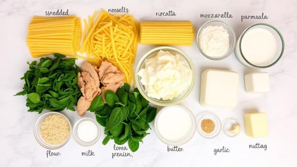 “Flat lay photo showing ingredients for chicken and spinach lasagna including chicken, spinach, cheeses, and sauce ingredients.”