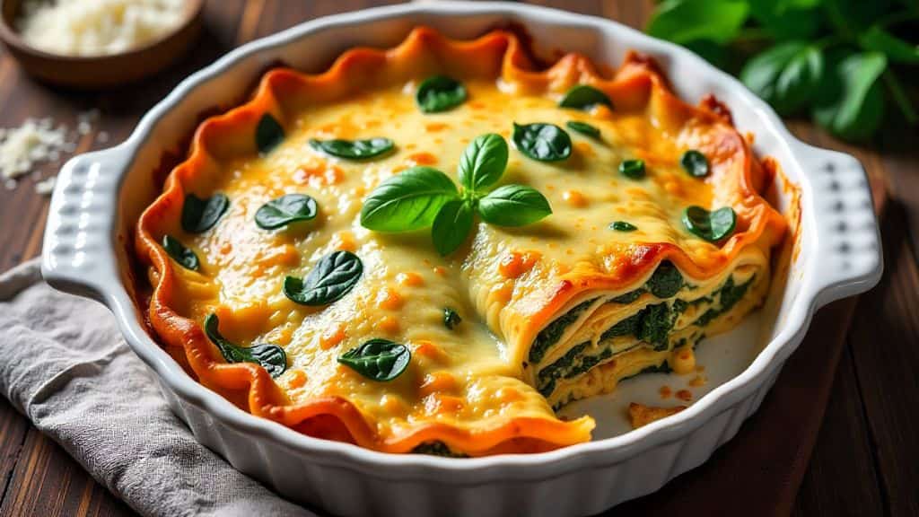 “Slice of creamy chicken and spinach lasagna plated with visible layers of chicken, spinach, and cheese.”