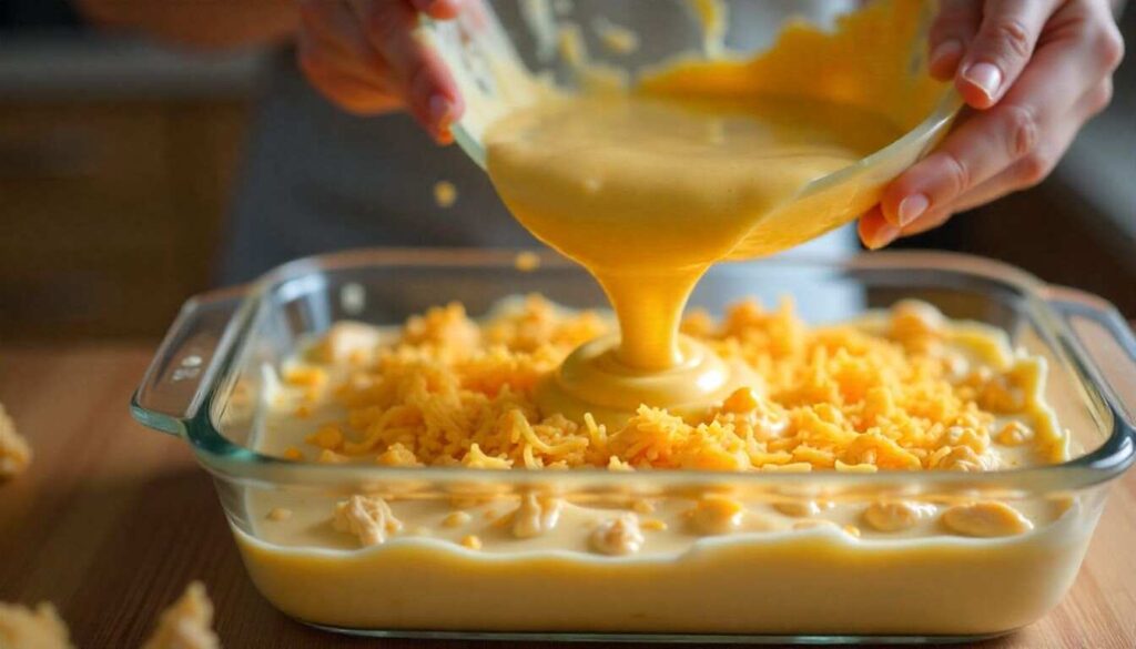 “Cook mixing shredded chicken, sour cream, and creamed corn in a glass bowl for chicken cornbread casserole filling.“Cornbread batter being poured over creamy chicken filling in a baking dish for chicken cornbread casserole.”