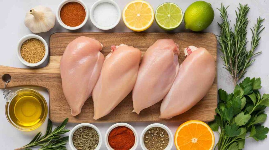 “Fresh chicken with herbs, citrus, garlic, and spices used for cooking chicken recipes without salt.”