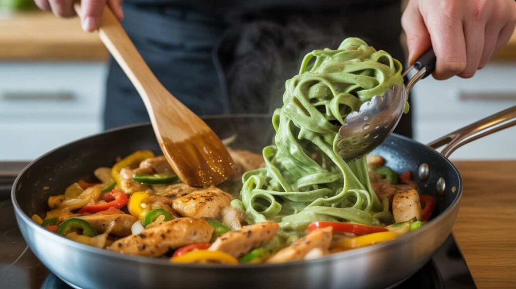 Chicken, bell peppers, and onions cooking together for CPK chicken tequila fettuccine.