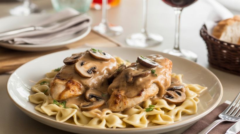 “Cheesecake Factory Chicken Marsala served with garlic bread, salad, and a glass of white wine on a dinner table.”