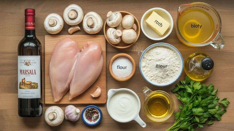 “Flat lay of Chicken Marsala ingredients including chicken breasts, Marsala wine, mushrooms, butter, garlic, flour, and parsley on a wooden table.”