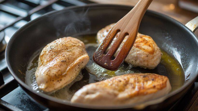 “Mushrooms and garlic sautéing in a skillet while Marsala wine is poured in to make the rich Chicken Marsala sauce.”
