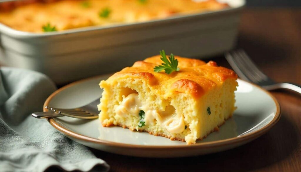 “Slice of chicken cornbread casserole on a plate showing creamy chicken layer and golden cornbread crust, garnished with herbs.”
