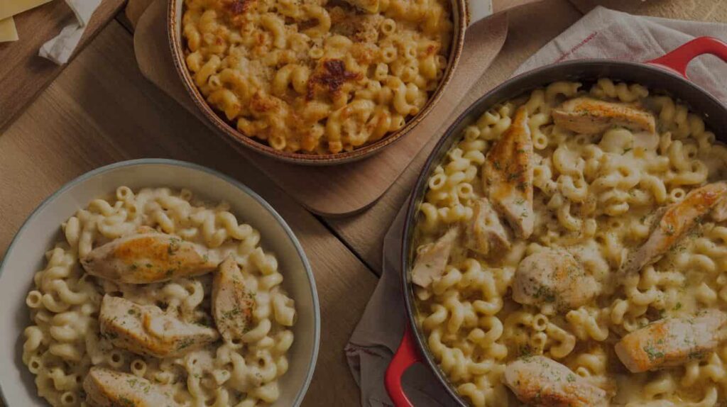 Serving creamy chicken and elbow macaroni at a cozy family dinner table