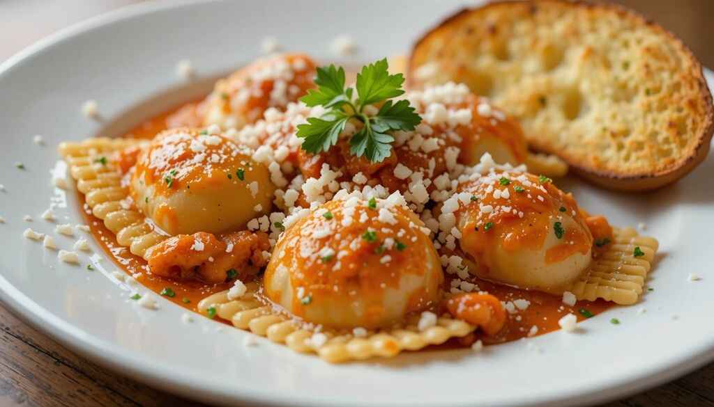 Chicken ravioli served with side salad and garlic bread for dinner