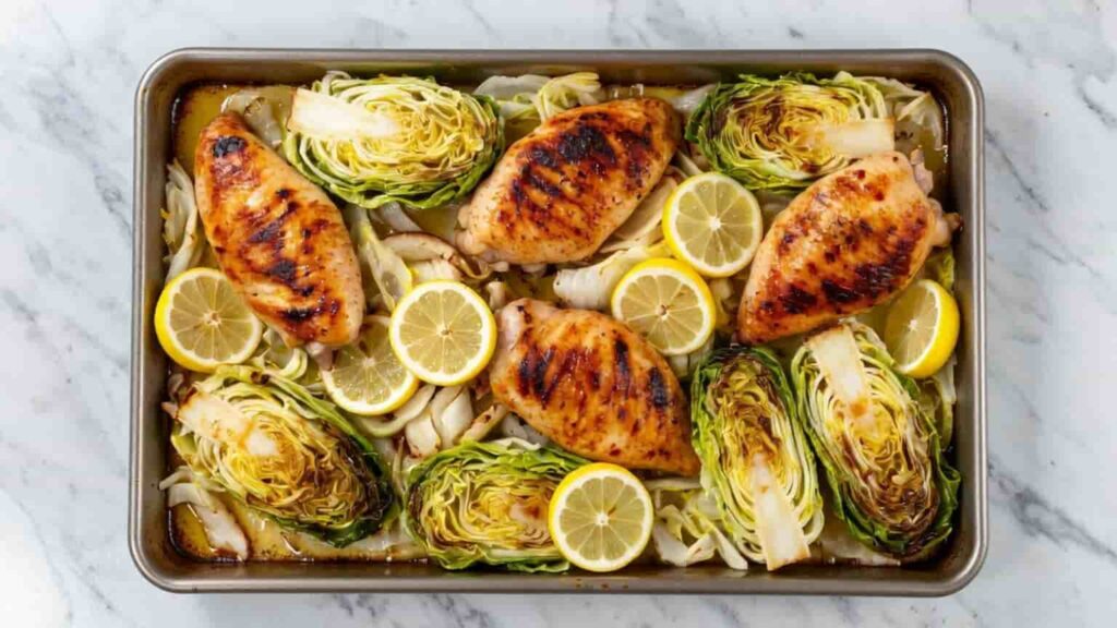 “Oven-roasted chicken breast and cabbage wedges on a sheet pan with lemon and herbs.”