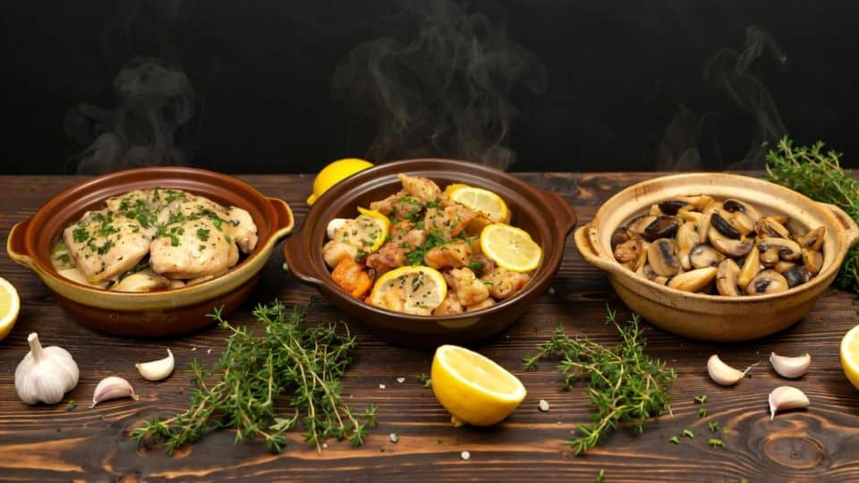 Collection of three slow cooker bone-in chicken breast recipes — herb garlic, lemon garlic, and creamy mushroom.