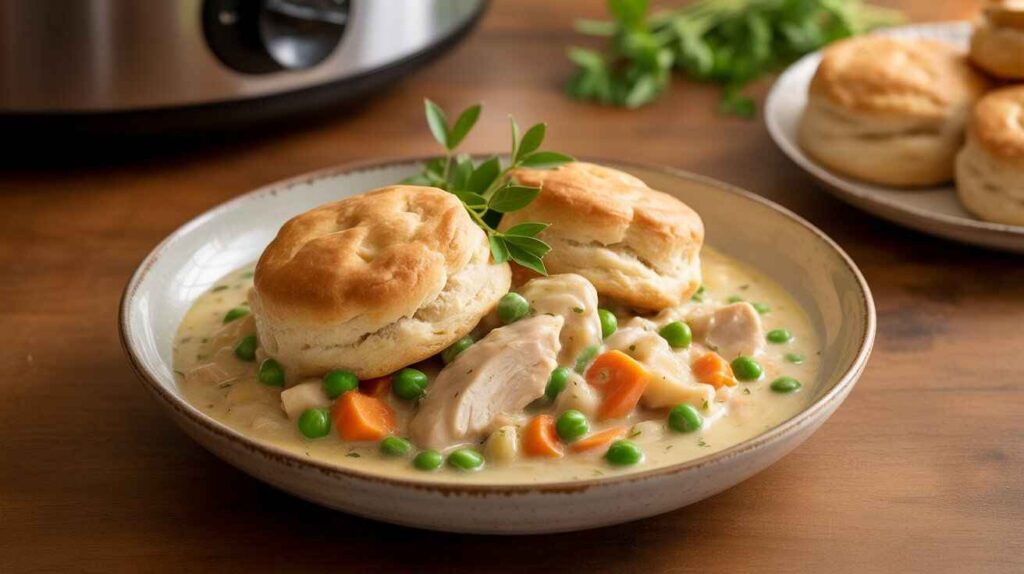 “Bowl of creamy chicken pot pie topped with golden biscuits served from a crock pot.”