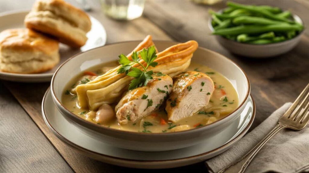 Southern chicken and pastry served in a bowl with creamy broth, parsley garnish, and biscuits on a rustic wooden table.
