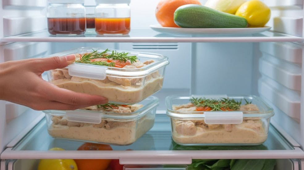 Meal prep containers filled with leftover creamy mushroom chicken being placed into a refrigerator, demonstrating proper storage of crock pot chicken with cream of mushroom soup for later use.