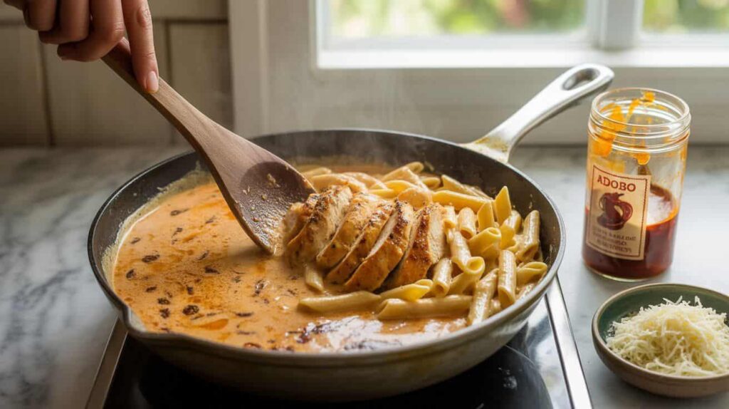 Cooked pasta and sliced chicken being mixed into creamy chipotle sauce in a skillet.