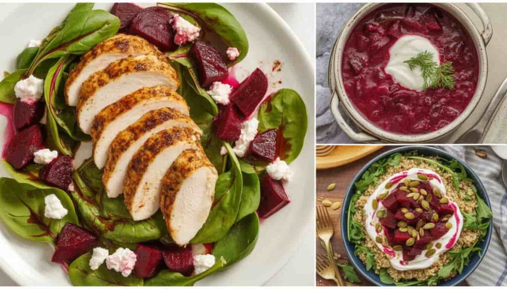 Collage of chicken and beetroot recipes including grilled chicken beet salad with feta, chicken and beetroot soup with dill, and a roasted beet chicken grain bowl, displayed with natural lighting and bold text reading “Chicken and Beetroot Recipes.”