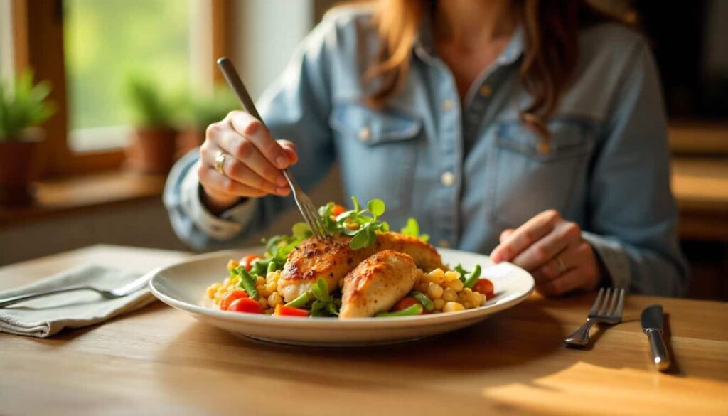 Person eating small portion of chicken and vegetables at dinner table, demonstrating reflux-safe meal timing and portion control.