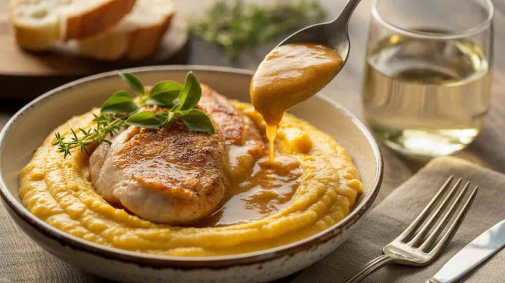 “Creamy polenta being topped with seared chicken and garnished with herbs.”