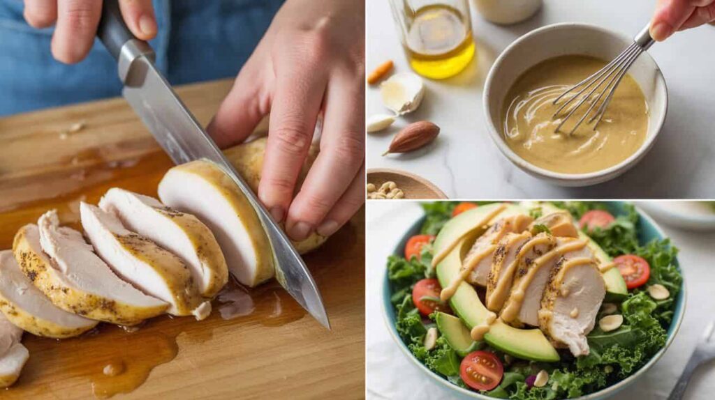 “Whisking homemade lemon tahini dressing for salad.“Assembling chicken kale salad with avocado, nuts, and dressing.”