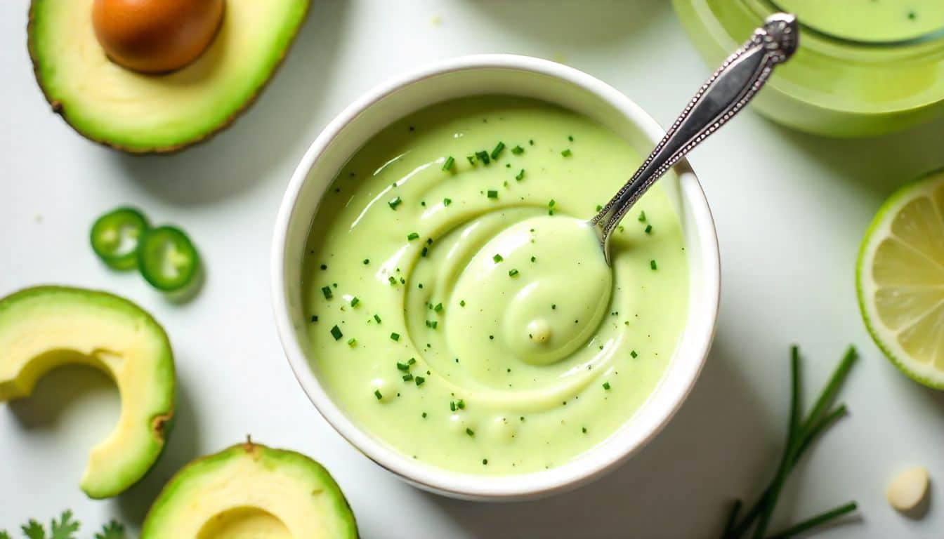 “Authentic Chick fil A avocado lime ranch dressing in a bowl with fresh avocado, lime, and herbs”