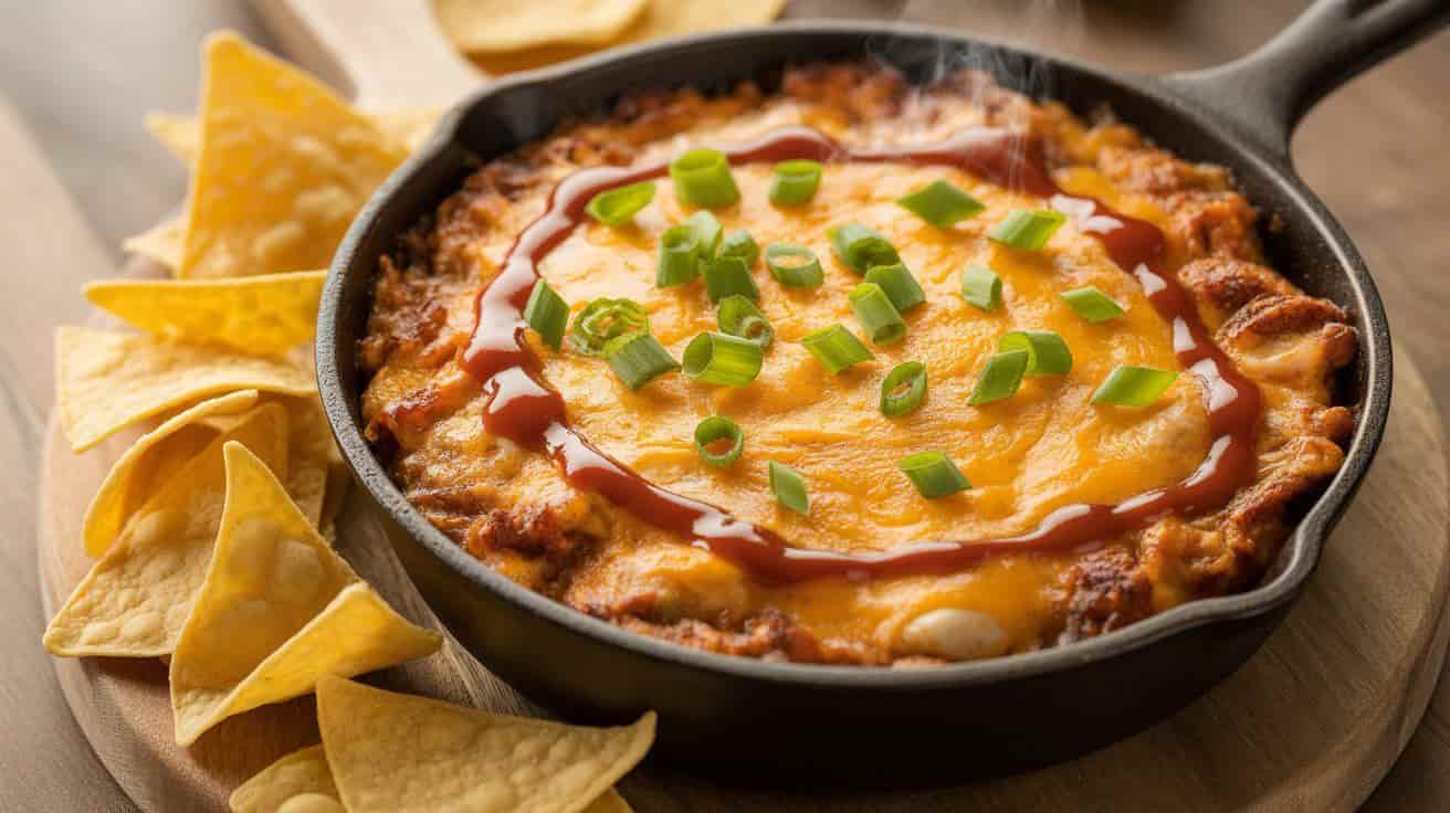 “Baked BBQ chicken dip in a cast-iron skillet with melted cheddar, green onion garnish, served with tortilla chips.”