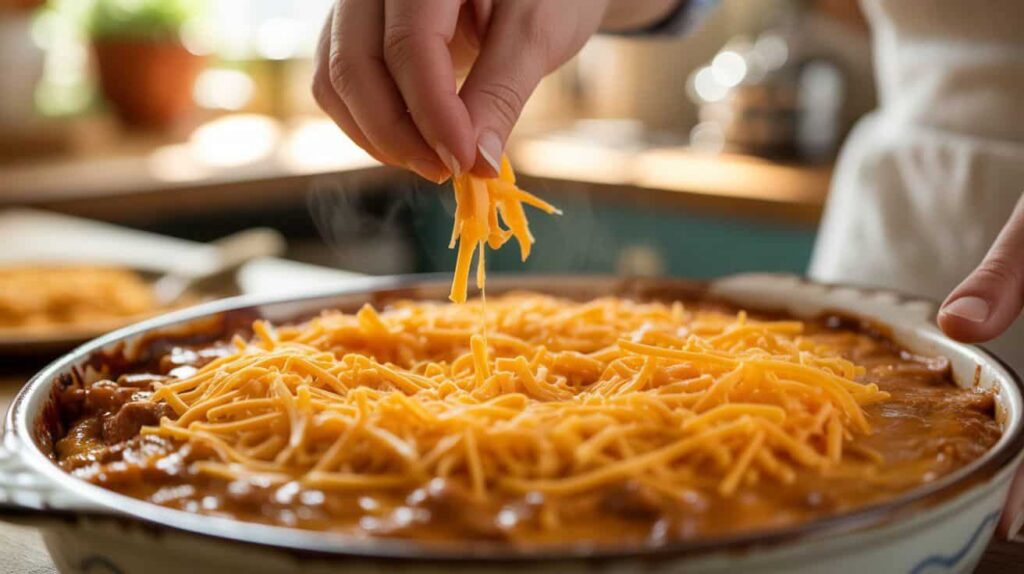 “Sprinkling shredded cheddar over BBQ chicken dip in a baking dish before baking.”