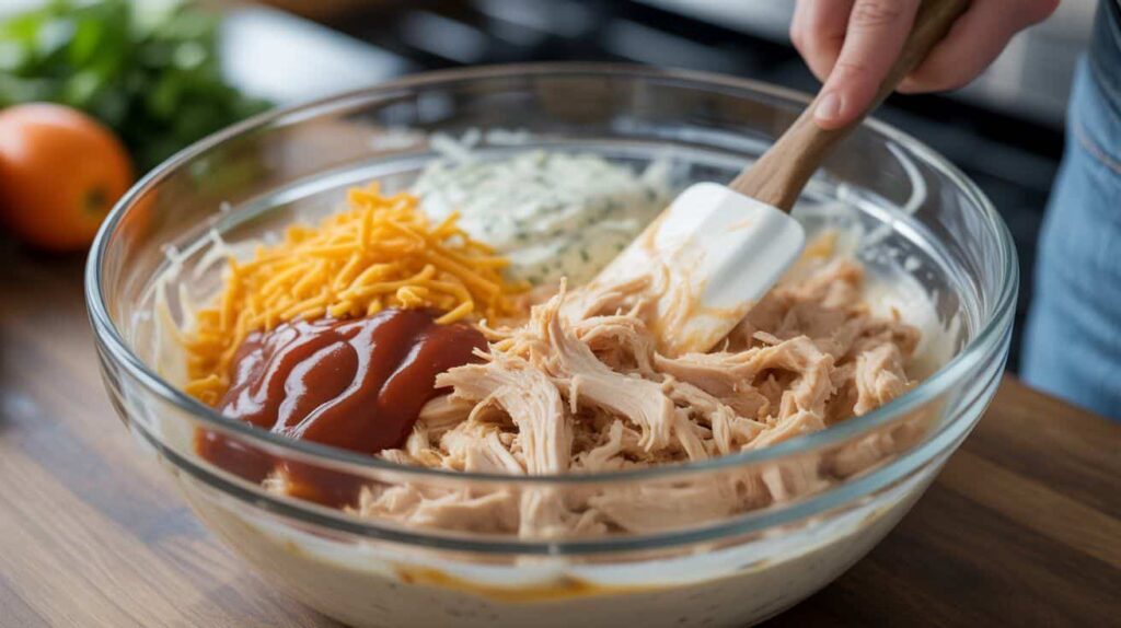 bbq_chicken_dip- recipe “Shredded chicken, cream cheese, BBQ sauce, ranch, and cheese being mixed together in a bowl for BBQ chicken dip.”