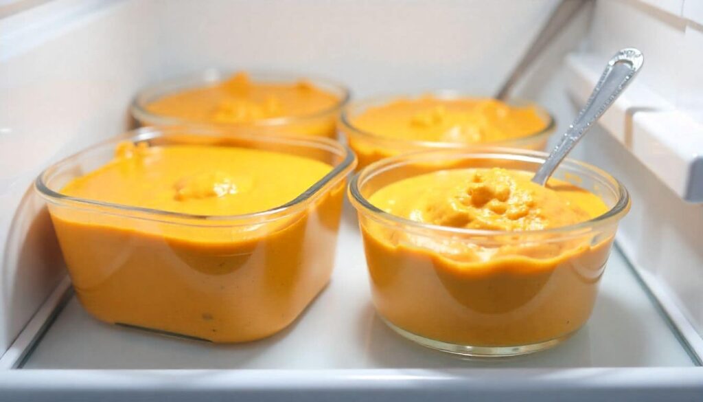 Leftover buffalo chicken dip without cream cheese stored in glass containers inside a refrigerator.