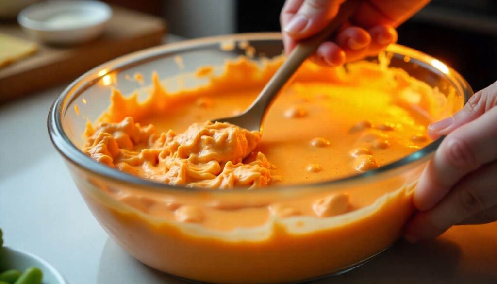 Mixing shredded chicken, Greek yogurt, buffalo sauce, and cheese to make buffalo chicken dip without cream cheese.
