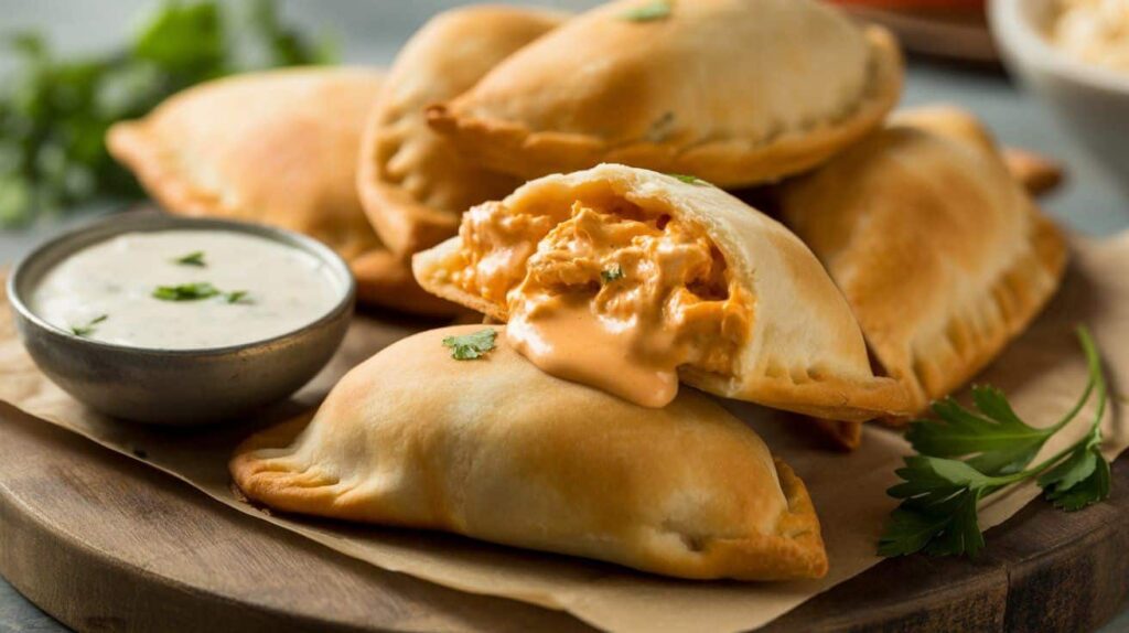 Crispy Buffalo chicken empanadas served with ranch and blue cheese dipping sauces, garnished with parsley.