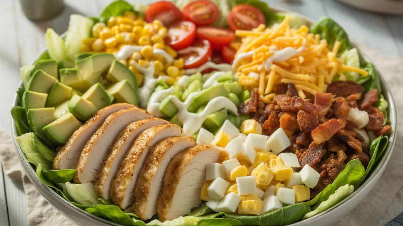 Chick fil a Cobb Salad Recipe “Homemade Chick-fil-A Cobb Salad with grilled chicken, avocado, corn, tomatoes, cheese, and creamy dressing in a large bowl.”