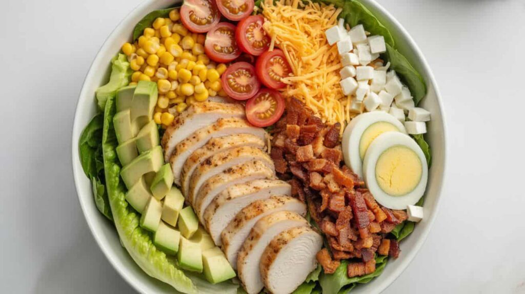 “Homemade Chick-fil-A Cobb Salad with grilled chicken, avocado, corn, tomatoes, cheese, and creamy dressing in a large bowl.”