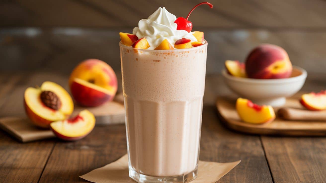 “Creamy peach milkshake made using chick fil a peach milkshake recipe topped with whipped cream and cherry on a wooden table.”
