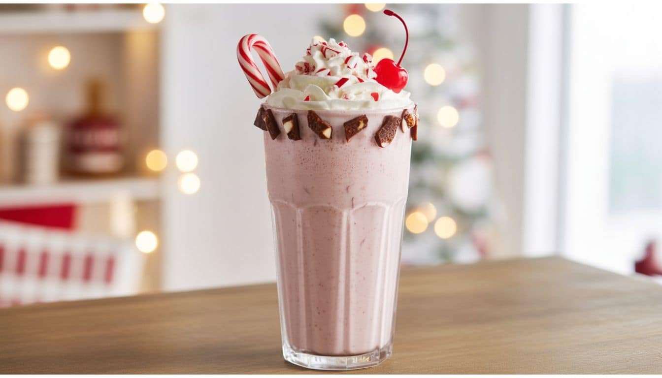 Homemade Chick fil a peppermint milkshake topped with whipped cream, candy cane pieces, and a cherry on a wooden table.