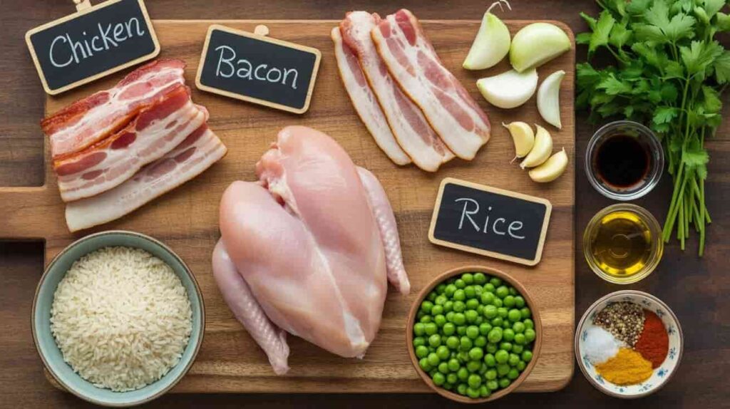 “Flat-lay of ingredients for chicken and bacon rice recipe including raw chicken, bacon, rice, onions, garlic, peas, and soy sauce.”