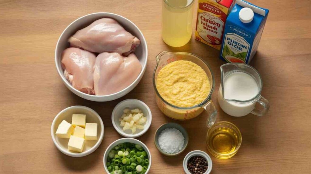 “Ingredients for chicken and grits including chicken thighs, grits, butter, garlic, cheese, and seasonings on a kitchen counter.”