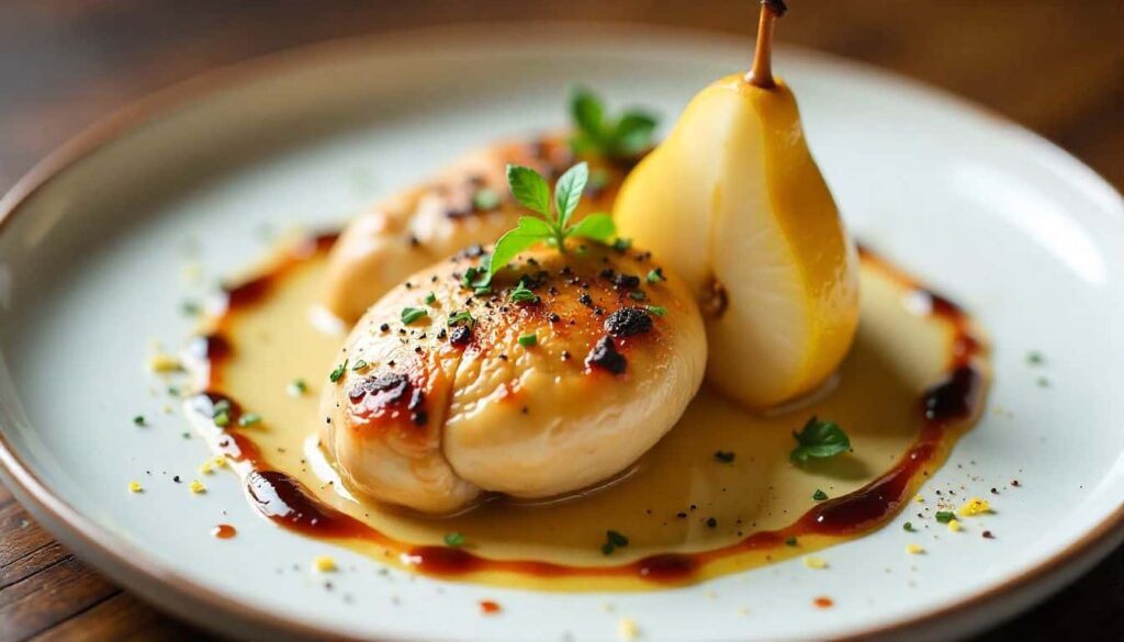 “Plated chicken and pear dish served with herbs and a glossy balsamic finish.”