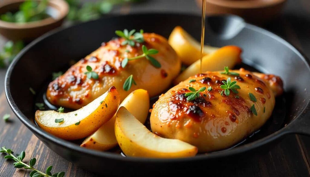 “Browned chicken and caramelized pears arranged together in a skillet before glazing.”