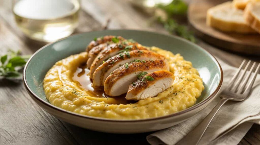 “Three variations of chicken and polenta dish—classic, with tomato sauce, and with mushrooms—on a rustic table.”